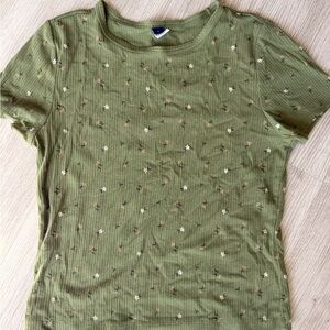 Old Navy Olive Green Floral Ribbed Short Sleeve Tee